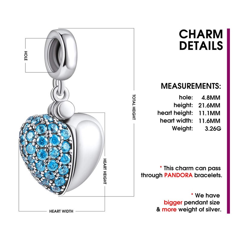 NINGAN â€œOnly Youâ€ Blue Love Heart Dange Charm 925 Sterling Silver Pendant Beads fit Bracelets & Necklaces, Birthday Gift for Women - Image 3